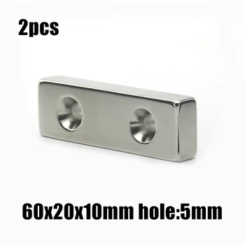 2 ks 60x20x10mm diery:5 mm double hole Blok NdFeB Neodýmu N35 Magnet 60x20x10-5 mm Super Výkonný permanentnými
